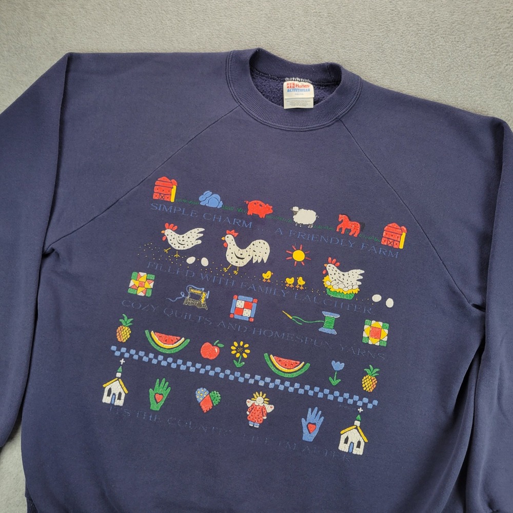 Vintage Hanes Activewear Navy Blue Country Farm Graphic Sweatshirt XL USA Fabric